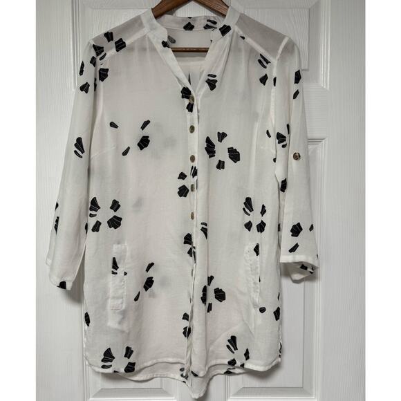 Fridaze Women's 100%Linen Button Front Roll Tab Sleeve Tunic Top Size Small - Picture 1 of 15